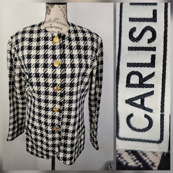 VTG Carlisle Blazer SZ 8 Houndstooth Tweed Jacket 100% Silk White Black Preppy - Picture 1 of 8